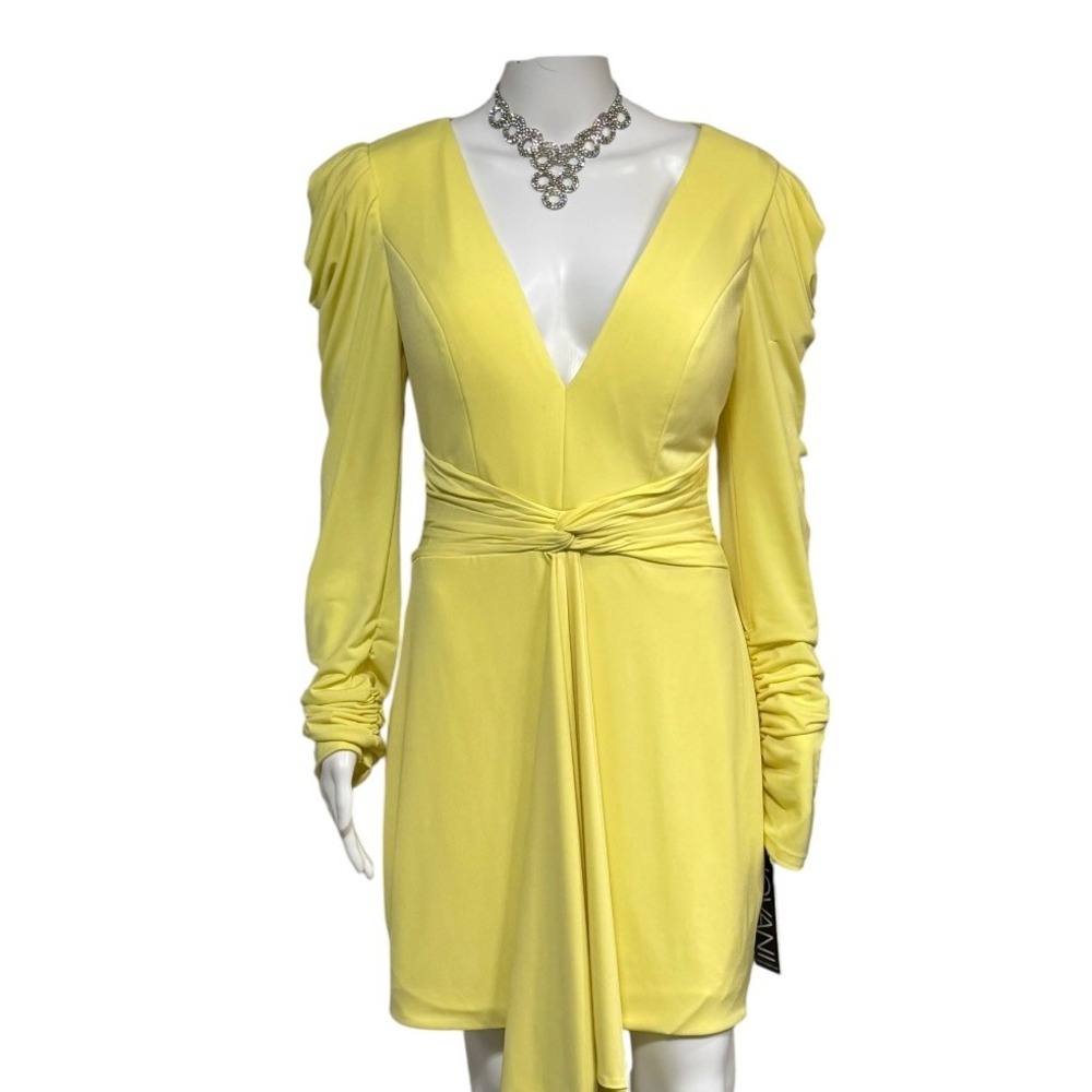 Jovani Buttercup Yellow Deep V-Neck Ruched Puff Sleeve Mini Dress 12 NM04084